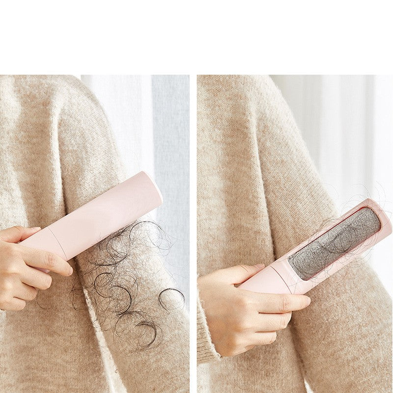 Close-up of the FurryFable pet hair remover's self-cleaning base in action