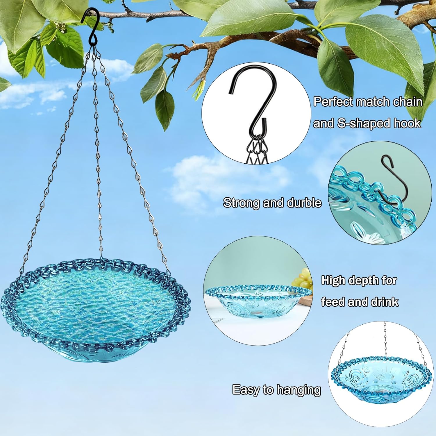 Hanging Outdoor Bird Bath & Feeder | Garden Water Bowl