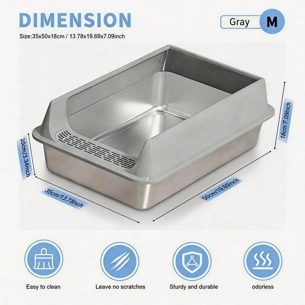 FurryFable Open-Top Stainless Steel Litter Box