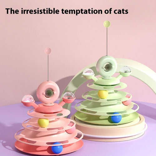 Energetic cat playing with the FurryFable 4-Level Interactive Cat Tower Toy, swatting at a ball