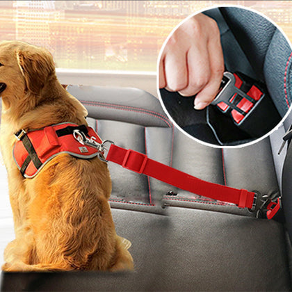 FurryFable Adjustable Dog Car Seat Belt in use, securing a happy golden retriever in the back seat of a car.