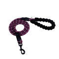 Black FurryFable reflective dog leash in use, attached to a dog's collar during a walk.