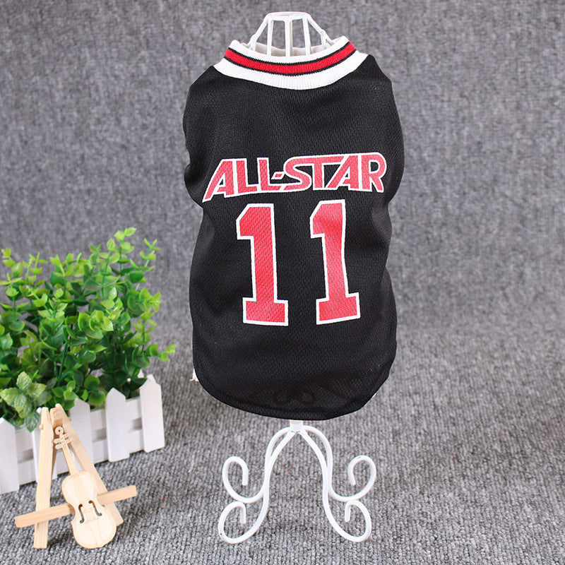 Energetic dog in a red World Cup dog vest jumping, showcasing freedom of movement