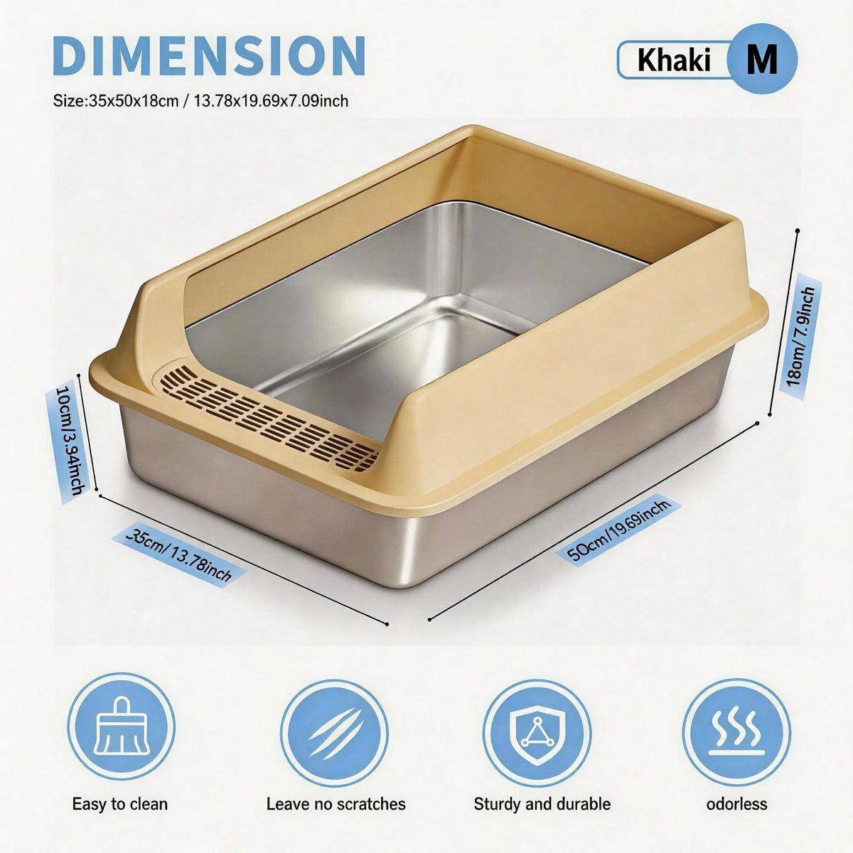 FurryFable Open-Top Stainless Steel Litter Box