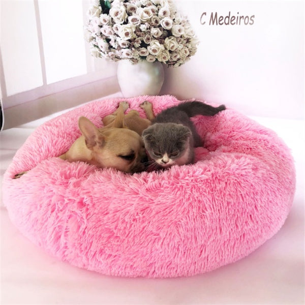 FurryFable Premium Calming Donut Pet Bed in beige, front view with a happy golden retriever