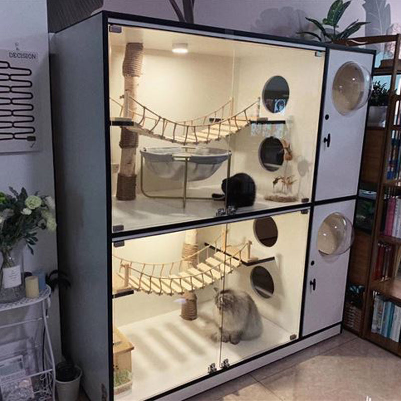 Lifestyle shot: FurryFable wall cat furniture seamlessly integrated into a modern living room, with a cat sitting peacefully on it.