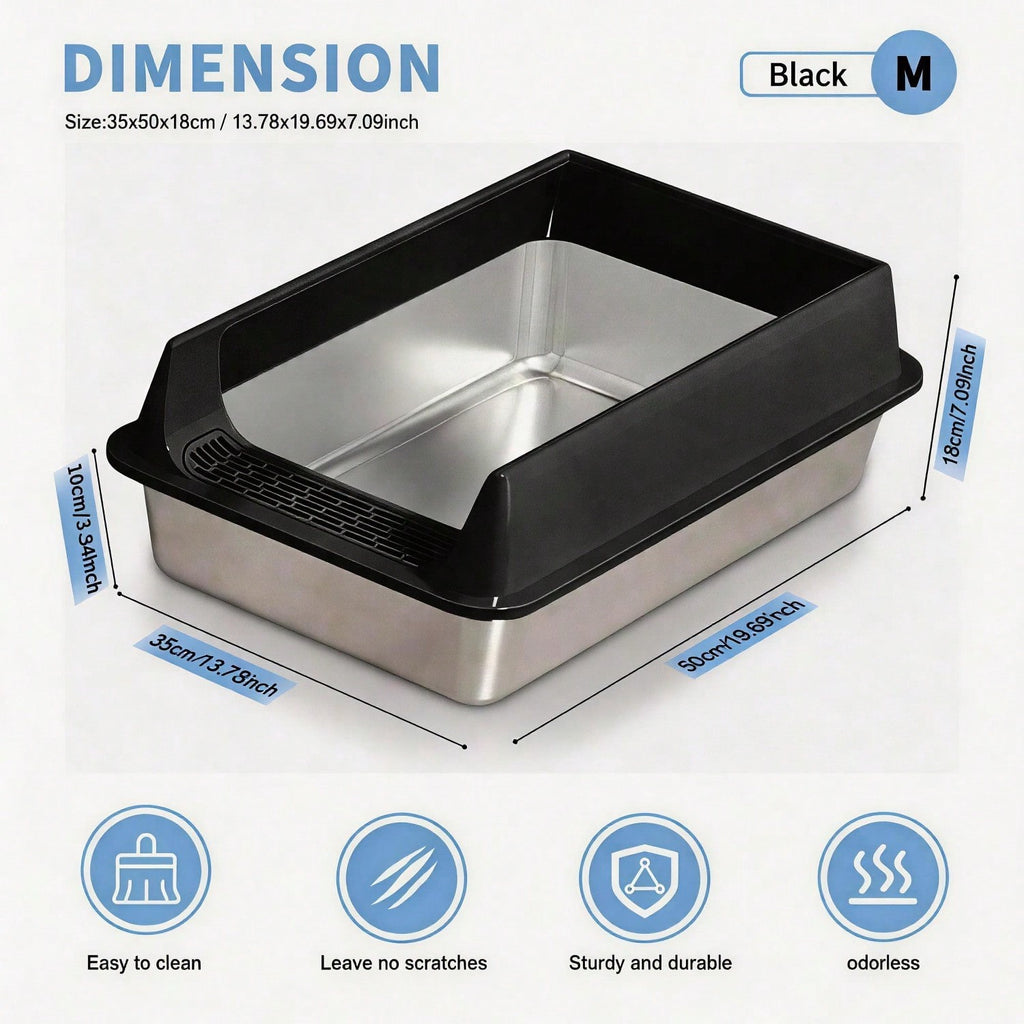 FurryFable Open-Top Stainless Steel Litter Box