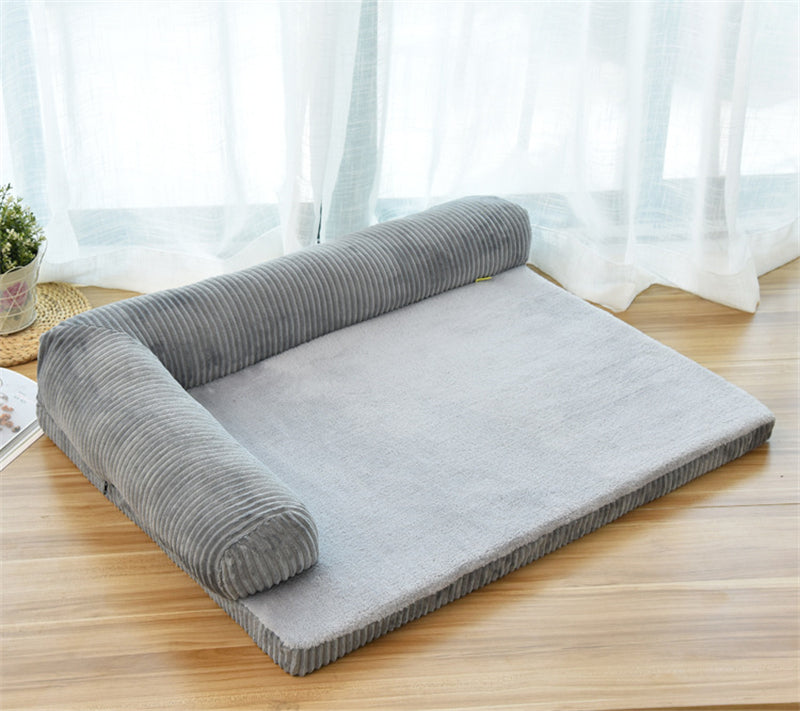 Dog sleeping comfortably on a Grey FurryFable Corduroy Pet Sofa Bed