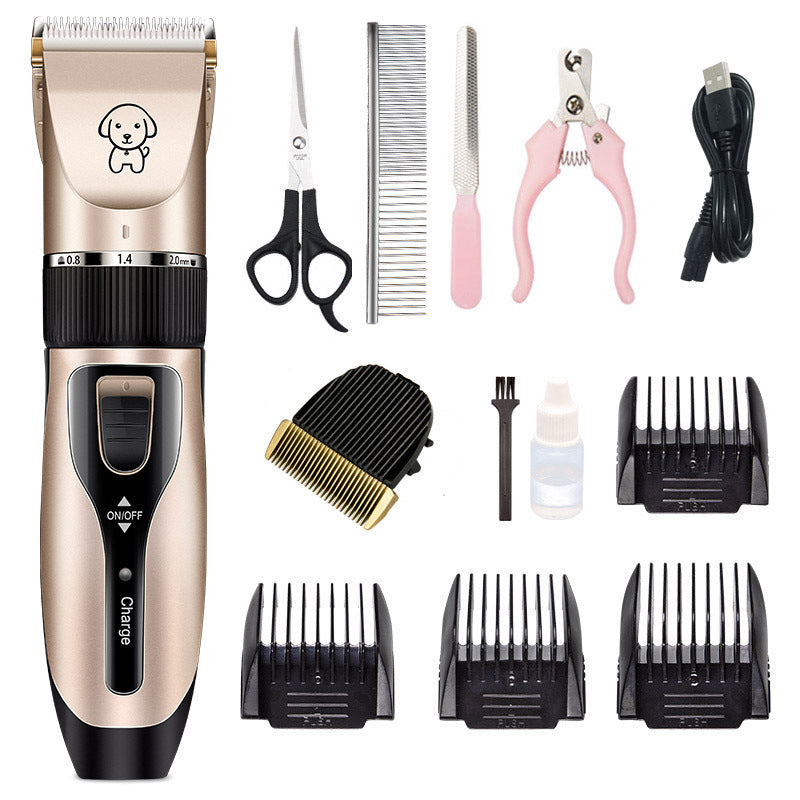 Set of FurryFable pet grooming tools, including clipper and attachments.