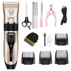 Set of FurryFable pet grooming tools, including clipper and attachments.