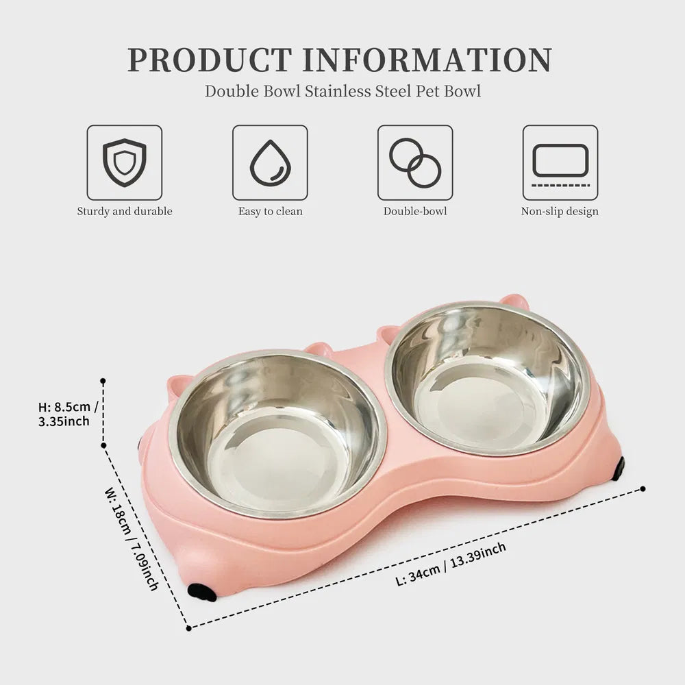 FurryFable Pink Anti-Slip Double Pet Bowl | Stainless Steel Feeder