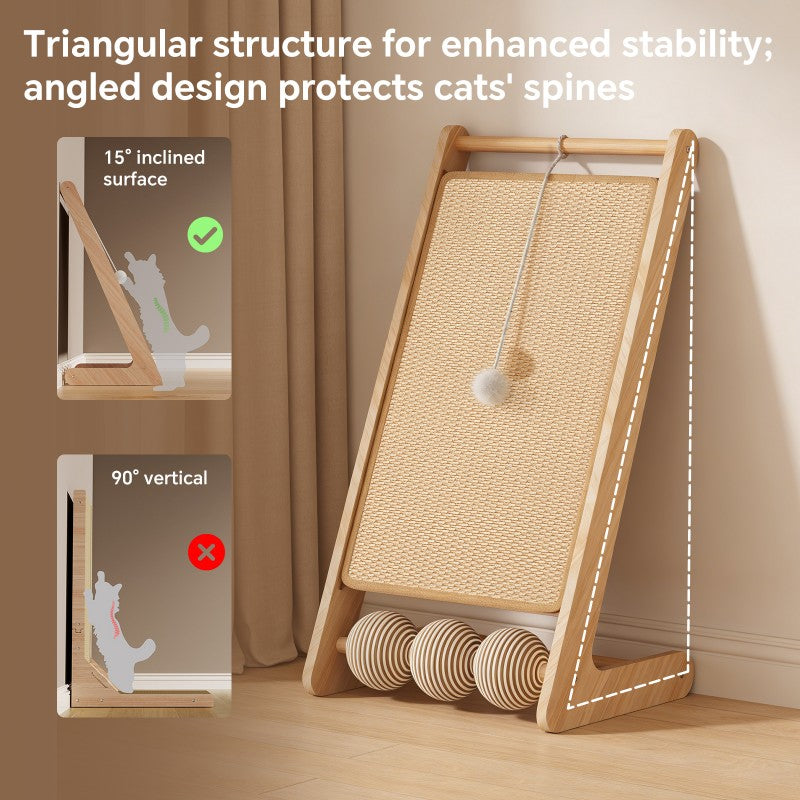 FurryFable Vertical Sisal Scratcher with Balls | Wooden Frame
