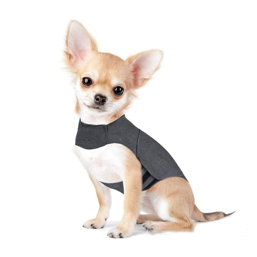 Side view of a golden retriever wearing FurryFable Calming Dog Anxiety Vest, showing full coverage.