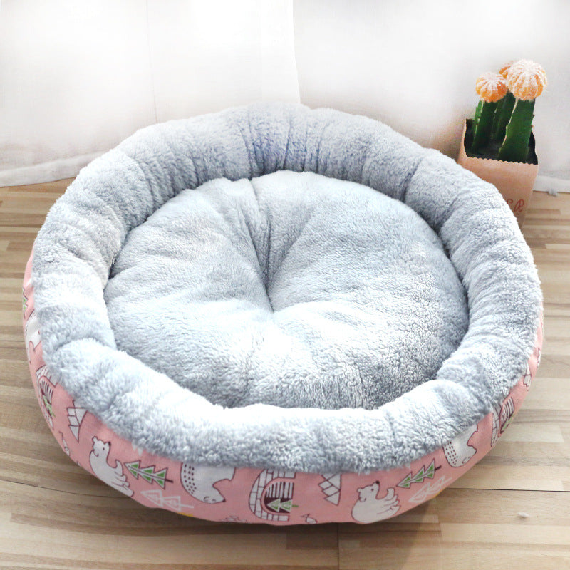 Three FurryFable round pet beds in small, medium, and large sizes