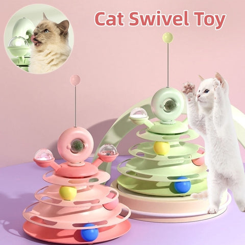 FurryFable 4-Level Interactive Cat Tower Toy in Sweet Orange Pink with rolling ball tracks