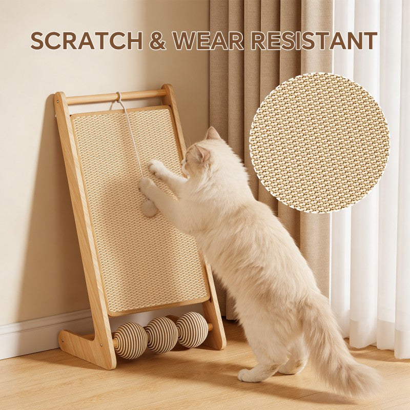 FurryFable Vertical Sisal Scratcher with Balls | Wooden Frame