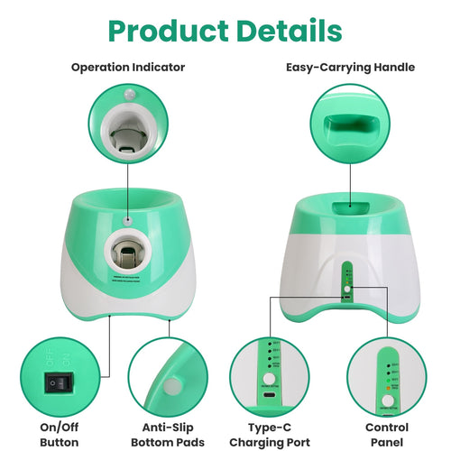 Close-up view of the green FurryFable Automatic Dog Ball Launcher with its wide opening and control panel.
