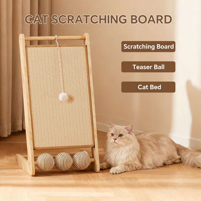 FurryFable Vertical Sisal Scratcher with Balls | Wooden Frame