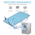 Blue mat with water splashes and washing machine, highlighting machine washable feature.