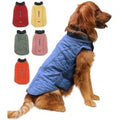 Red FurryFable Dog Winter Coat with reflective trim, worn by a dog on a snowy trail.