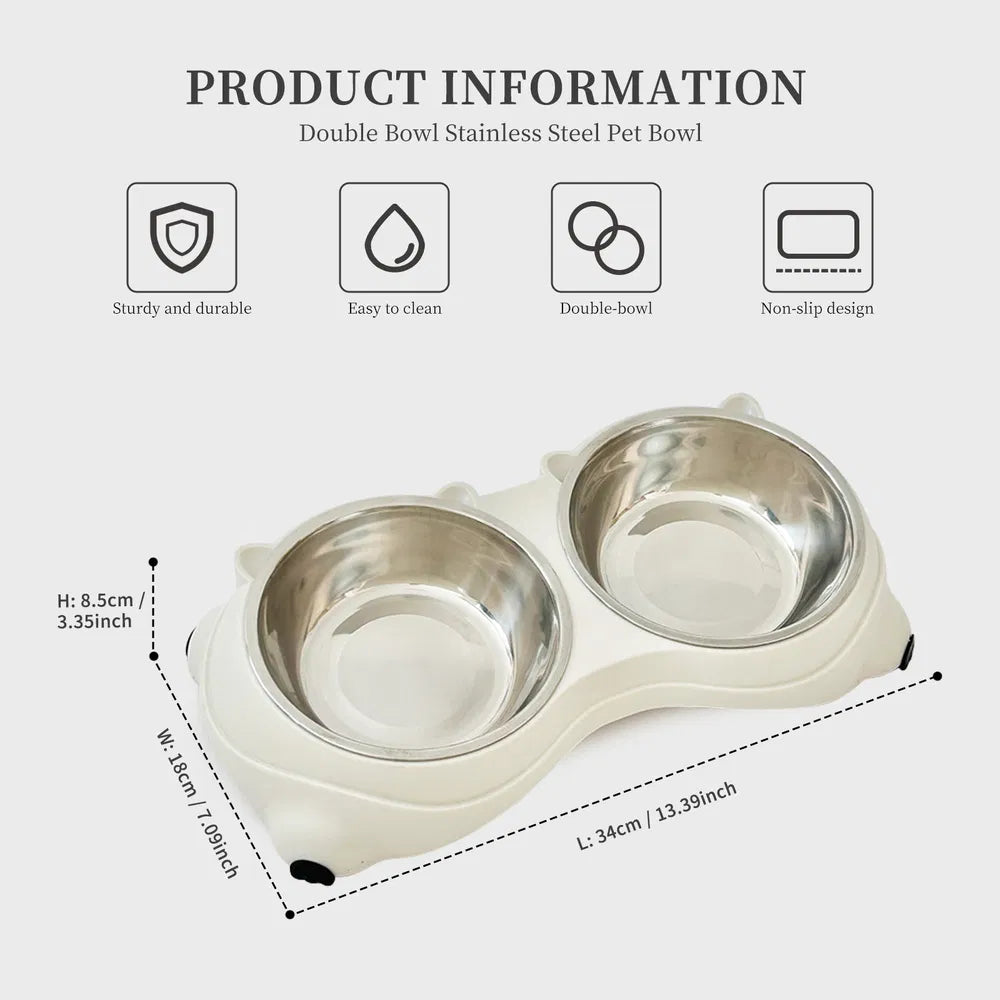 FurryFable White Anti-Slip Stainless Steel Double Pet Bowl