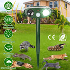FurryFable Solar Ultrasonic Animal Repellent installed in a lush green garden