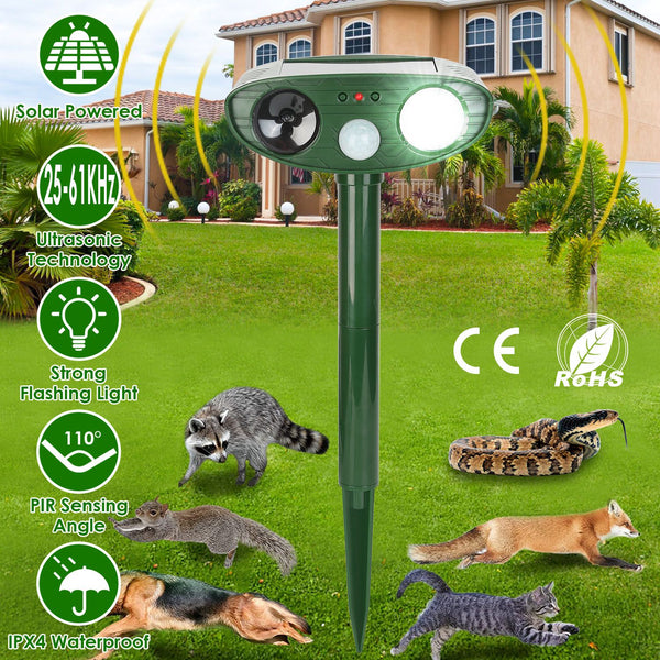 FurryFable Solar Ultrasonic Animal Repellent installed in a lush green garden