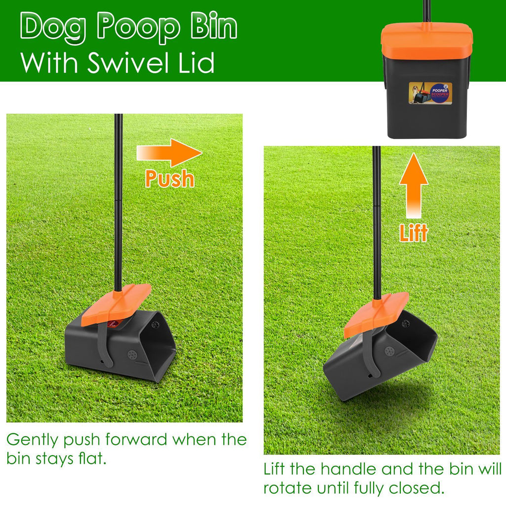 Dog Pooper Scooper Kit – Heavy-Duty Rake & Swivel Bin with Long Handle, Waste Bag Dispenser, and 35 Bags