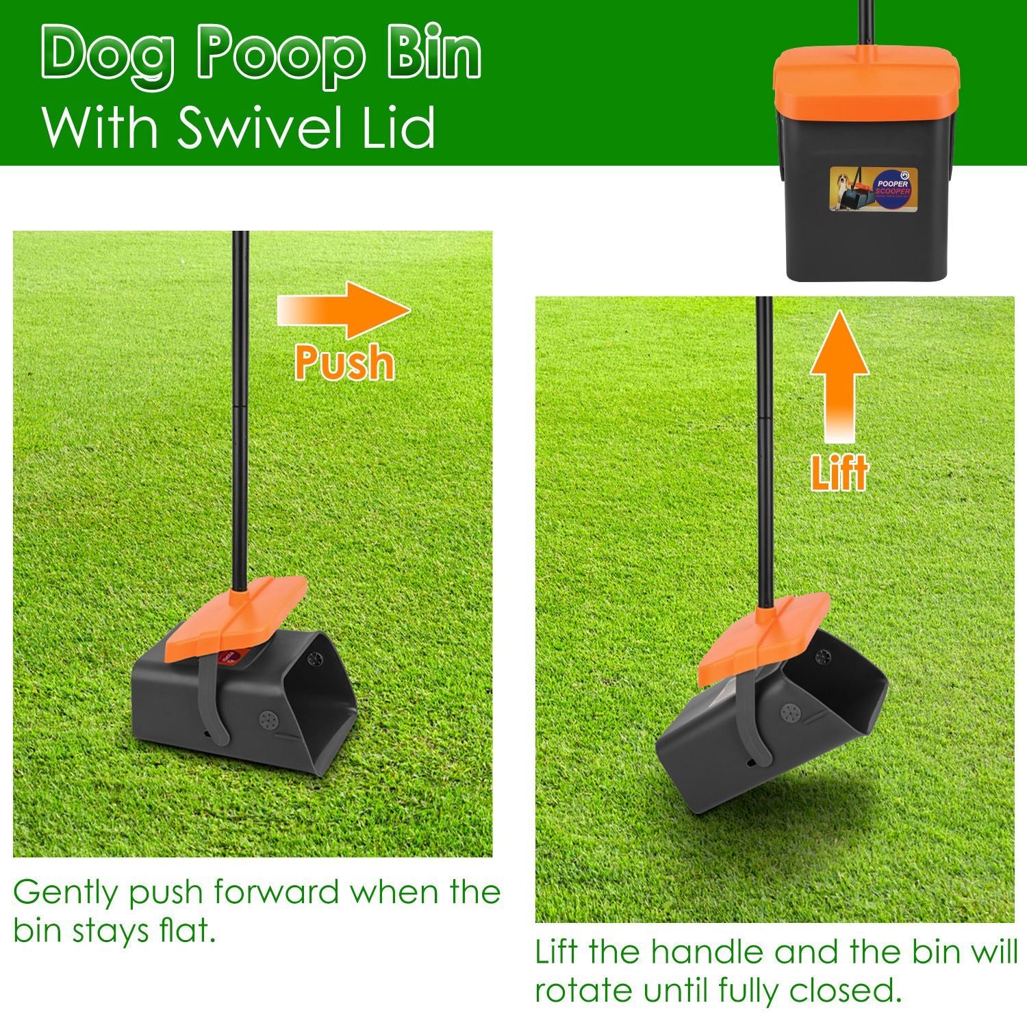 Dog Pooper Scooper Kit – Heavy-Duty Rake & Swivel Bin with Long Handle, Waste Bag Dispenser, and 35 Bags