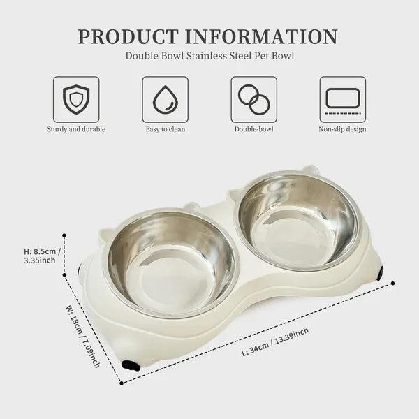 FurryFable White Anti-Slip Stainless Steel Double Pet Bowl
