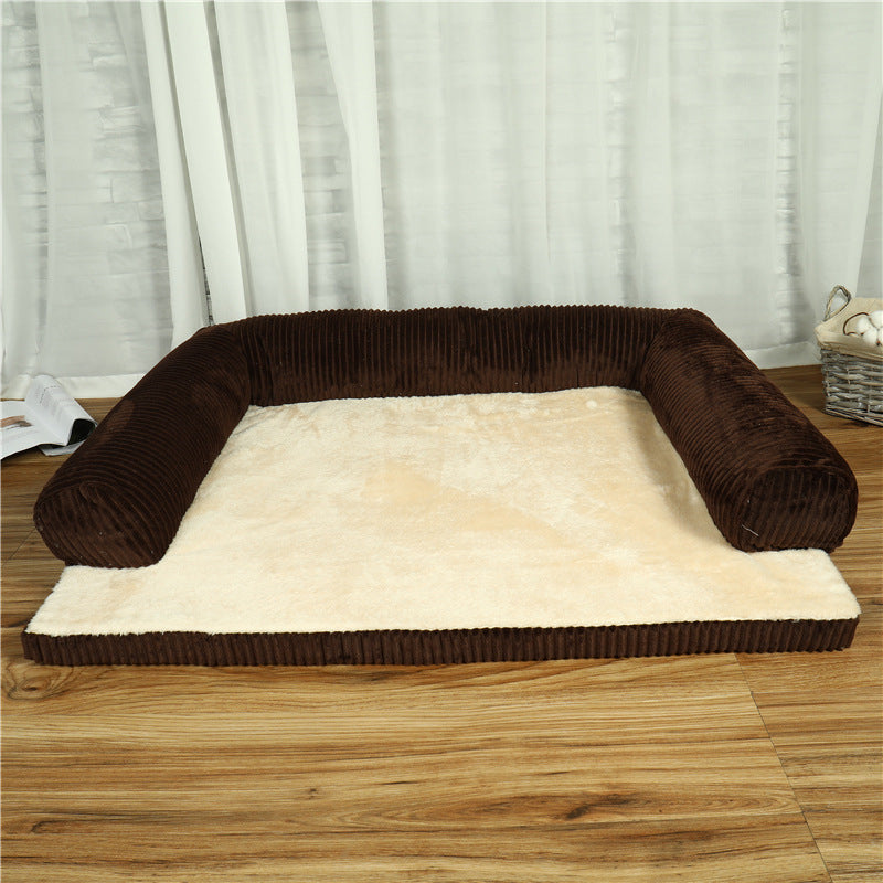 FurryFable Corduroy Pet Sofa Bed in Coffee, M size, with a toy