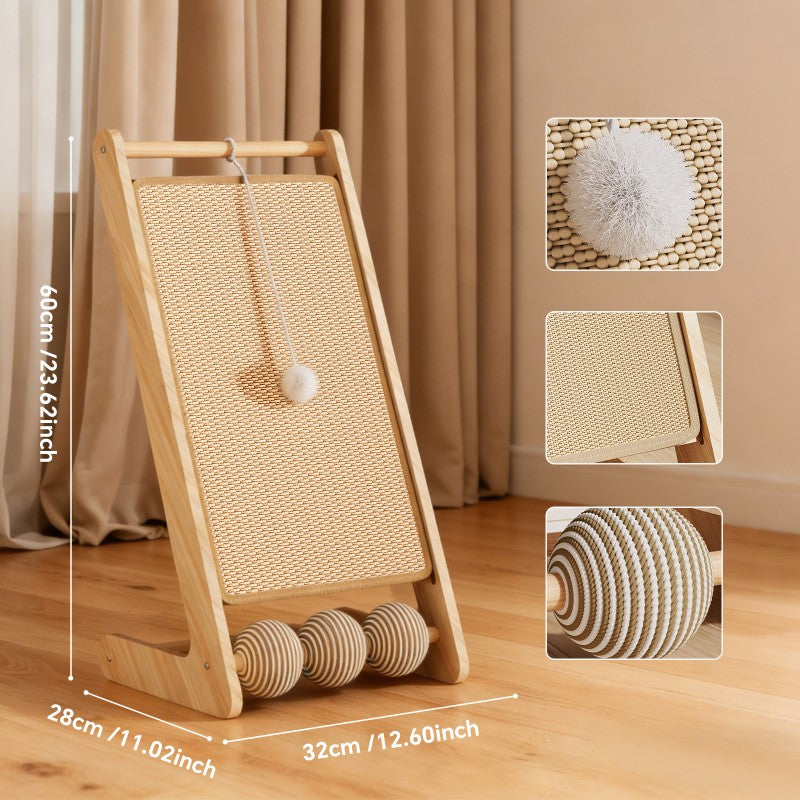 FurryFable Vertical Sisal Scratcher with Balls | Wooden Frame