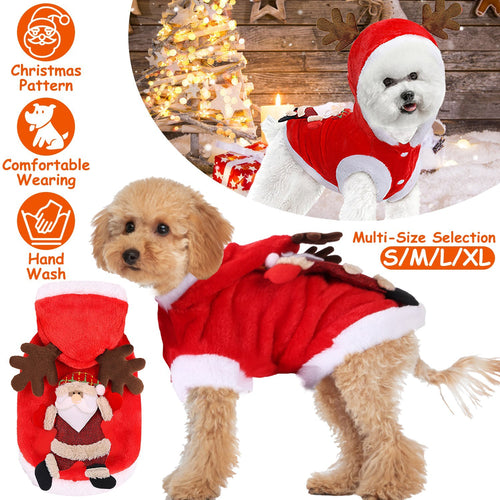 Dog wearing FurryFable Christmas Santa costume with 3D reindeer antlers, smiling happily.